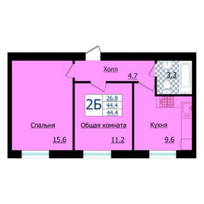 Цветная планировка двухкомнатной квартиры 44,4 м²