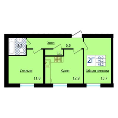 Цветная планировка двухкомнатной квартиры 49,2 м²