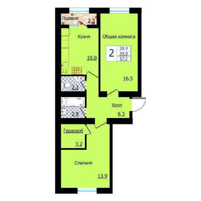 Цветная планировка двухкомнатной квартиры 57,2 м²