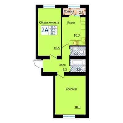 Цветная планировка двухкомнатной квартиры 58,7 м²
