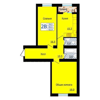 Цветная планировка двухкомнатной квартиры 62,9 м²